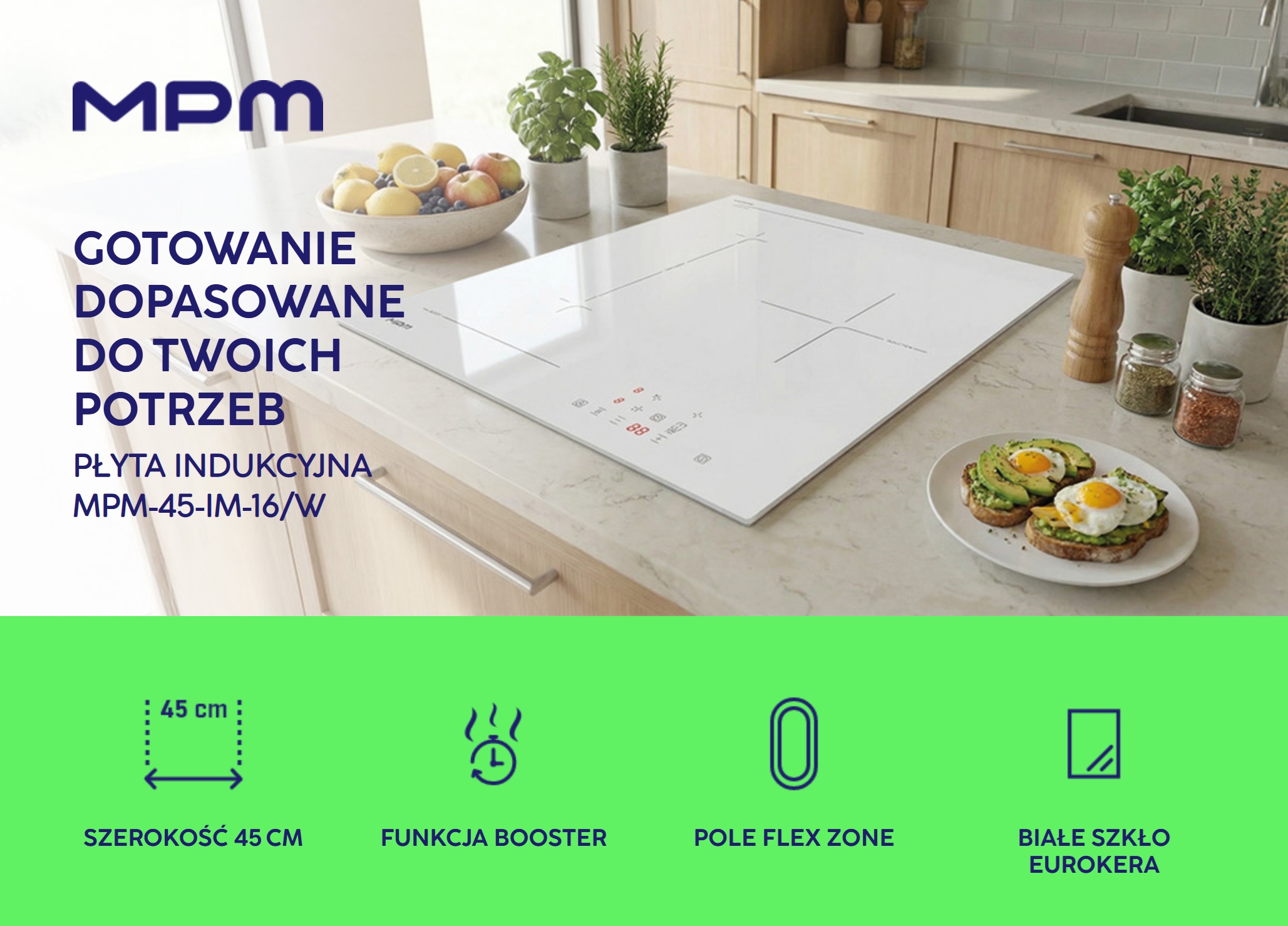Płyta indukcyjna do zabudowy 45cm. MPM MPM-45-IM-16/W MPM-45-IM-16W-1