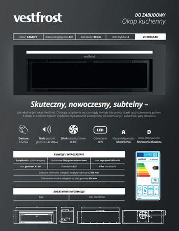 Okap podszafkowy / do zabudowy Vestfrost VE-90BGABK Gesture Control