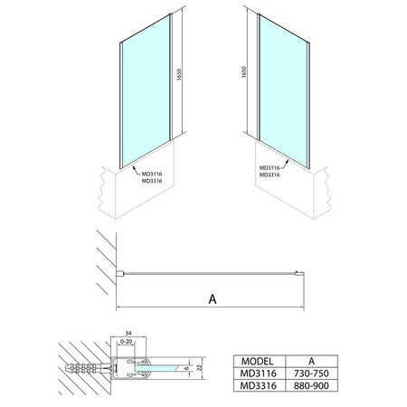Ścianka boczna Polysan Deep MD3316 90x165cm, szkło czyste