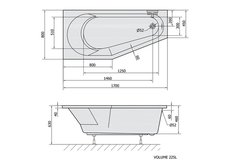 Wanna asymetryczna Polysan Tigra L 90111.40, 170x80x46cm, lewa, beżowy