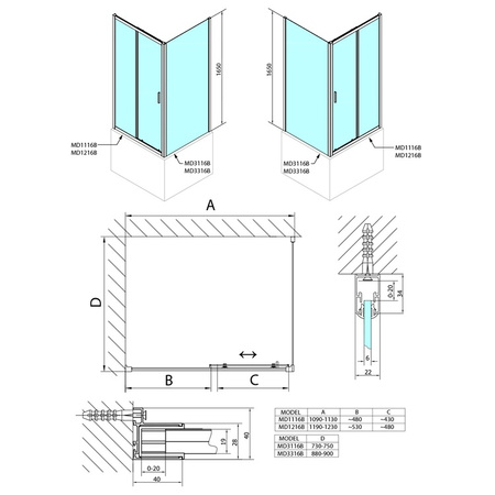 Drzwi prysznicowe Polysan Deep Black MD1116B 110x165cm, szkło czyste