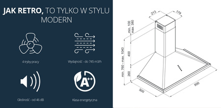 Okap kominowy / przyścienny retro Vestfrost VE-90RSABR silnik bezszczotkowy