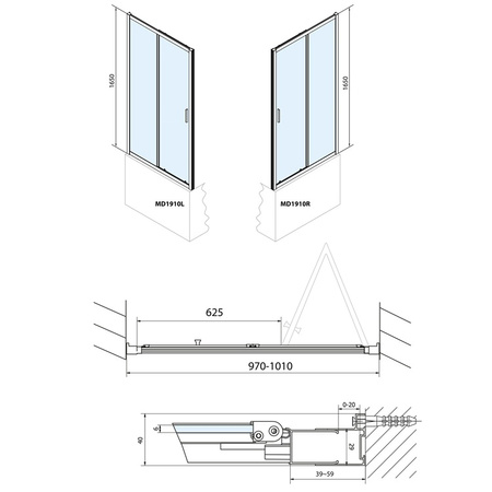 Drzwi prysznicowe Polysan Deep MD1910 100x165cm, szkło czyste