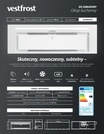 Okap podszafkowy / do zabudowy Vestfrost VE-90BGAWH Gesture Control