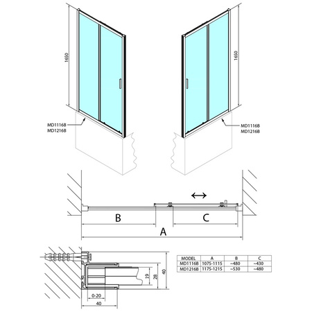 Drzwi prysznicowe Polysan Deep Black MD1116B 110x165cm, szkło czyste