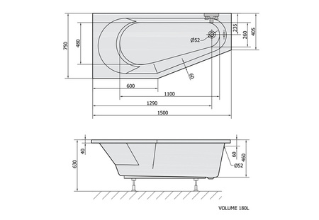 Wanna asymetryczna Polysan Tigra L 72928, 150x75x46cm, lewa, biały