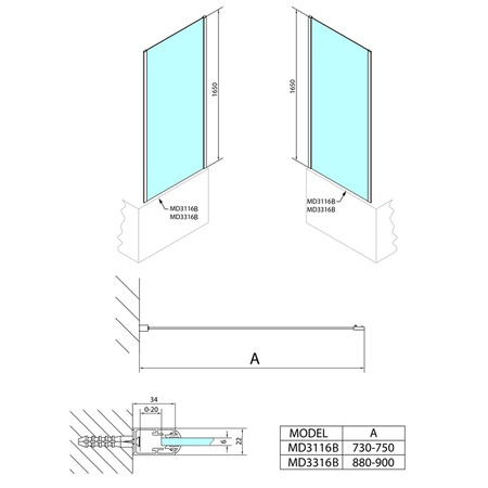 Ścianka boczna Polysan Deep Black MD3116B 75x165cm, szkło czyste